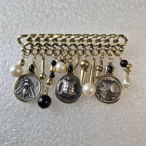Gold Tone Charm Brooch – Bee, Turtle & Figure Medallions, Pearls & Beads